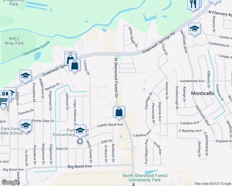 map of restaurants, bars, coffee shops, grocery stores, and more near 4125 North Sherwood Forest Drive in Baton Rouge