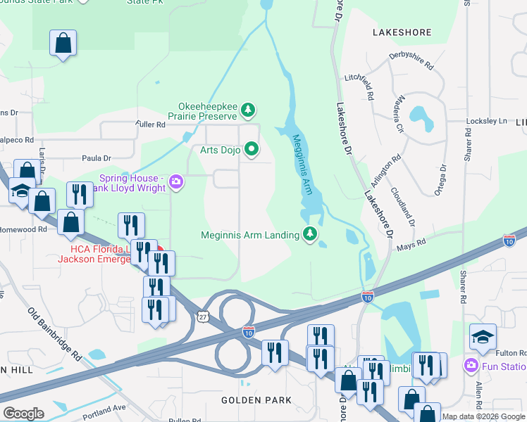 map of restaurants, bars, coffee shops, grocery stores, and more near 3101 Livingston Road in Tallahassee