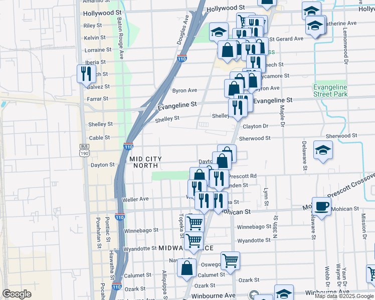 map of restaurants, bars, coffee shops, grocery stores, and more near 2866 Sherwood Street in Baton Rouge
