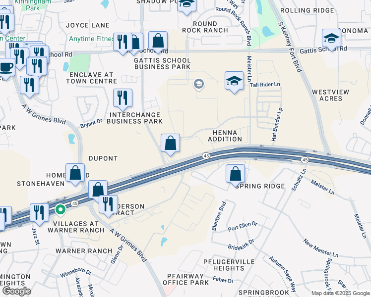 map of restaurants, bars, coffee shops, grocery stores, and more near 2400 Louis Henna Boulevard in Round Rock