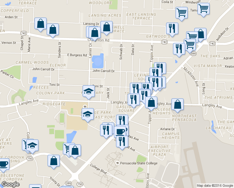 map of restaurants, bars, coffee shops, grocery stores, and more near 6315 Schwab Drive in Pensacola