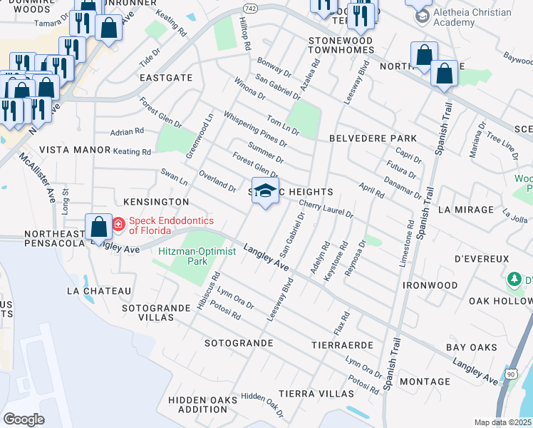 map of restaurants, bars, coffee shops, grocery stores, and more near 3801 Cherry Laurel Drive in Pensacola