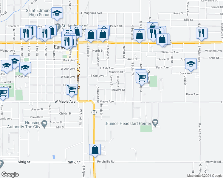 map of restaurants, bars, coffee shops, grocery stores, and more near Mayers Street in Eunice