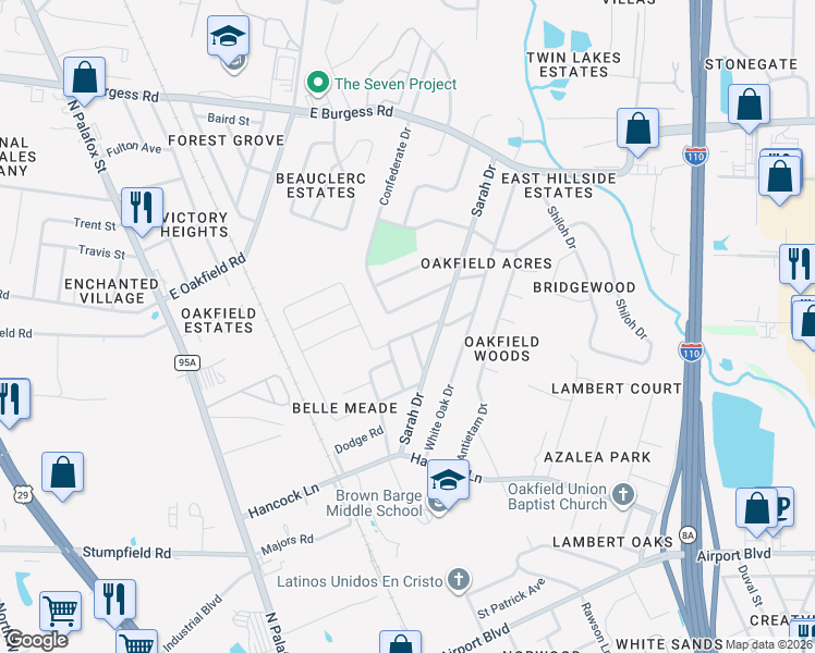 map of restaurants, bars, coffee shops, grocery stores, and more near 128 Royal Ln in Pensacola