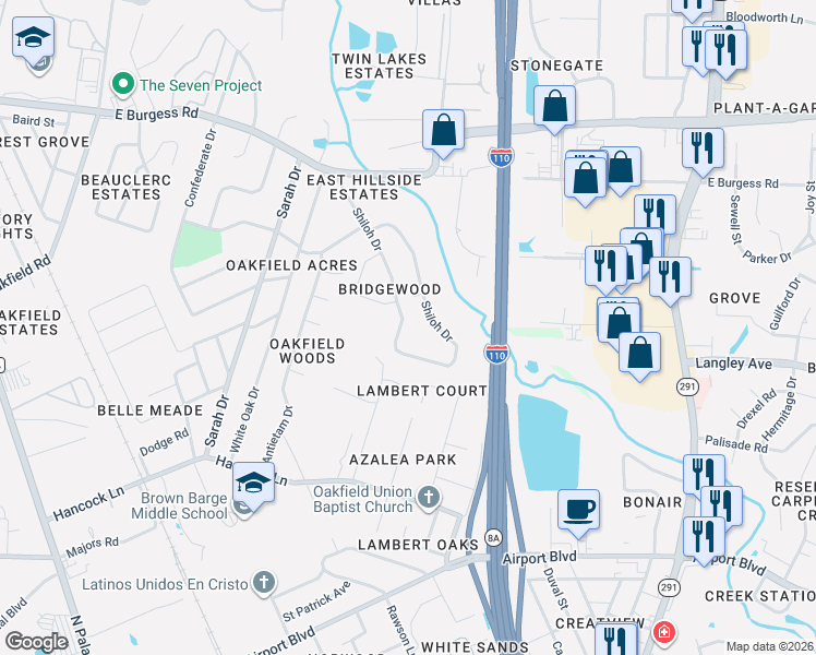 map of restaurants, bars, coffee shops, grocery stores, and more near 673 Shiloh Drive in Pensacola