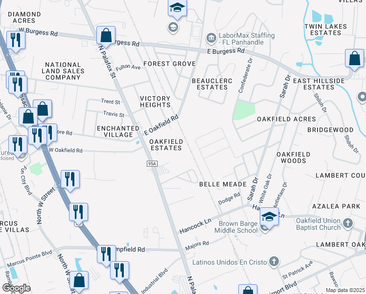 map of restaurants, bars, coffee shops, grocery stores, and more near 6052 Belladonna Street in Pensacola