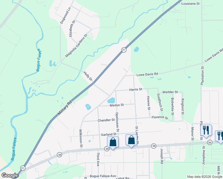 map of restaurants, bars, coffee shops, grocery stores, and more near 20125 Lowe Davis Road in Covington