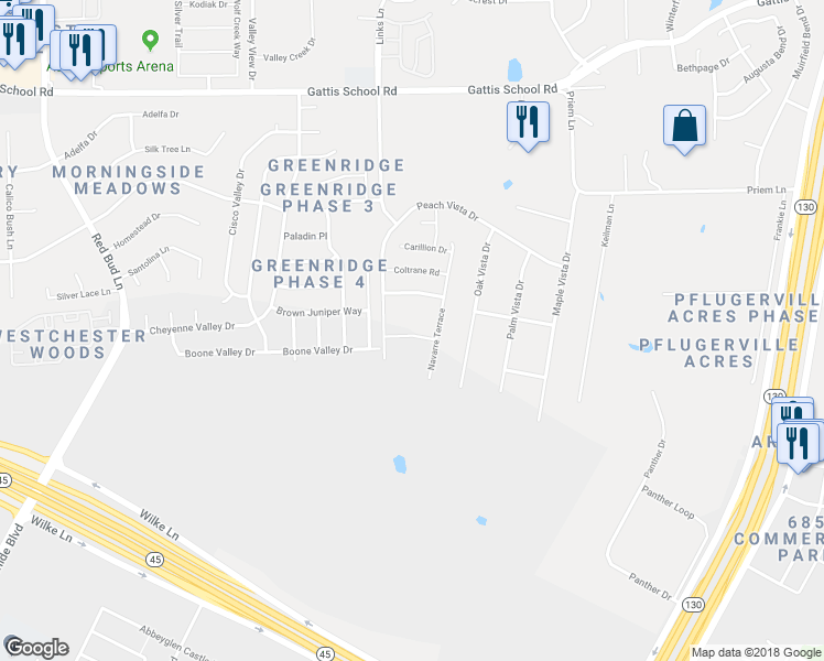 map of restaurants, bars, coffee shops, grocery stores, and more near 714 Coconut Grove Street in Pflugerville