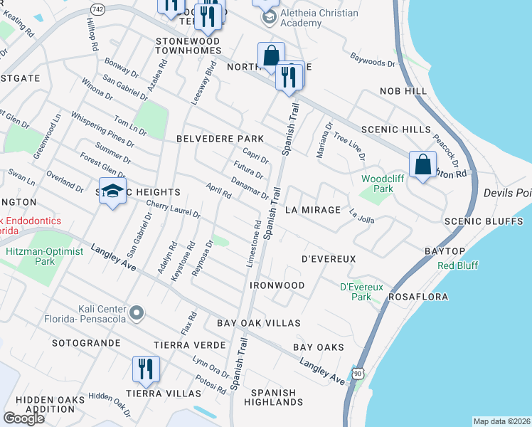 map of restaurants, bars, coffee shops, grocery stores, and more near 5990 Limestone Road in Pensacola