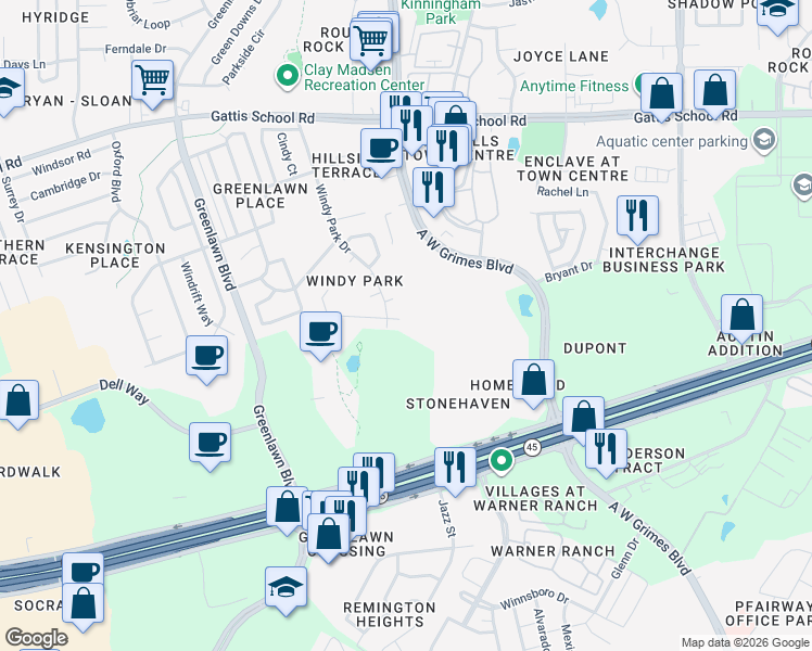 map of restaurants, bars, coffee shops, grocery stores, and more near 1713 Parkfield Cove in Round Rock