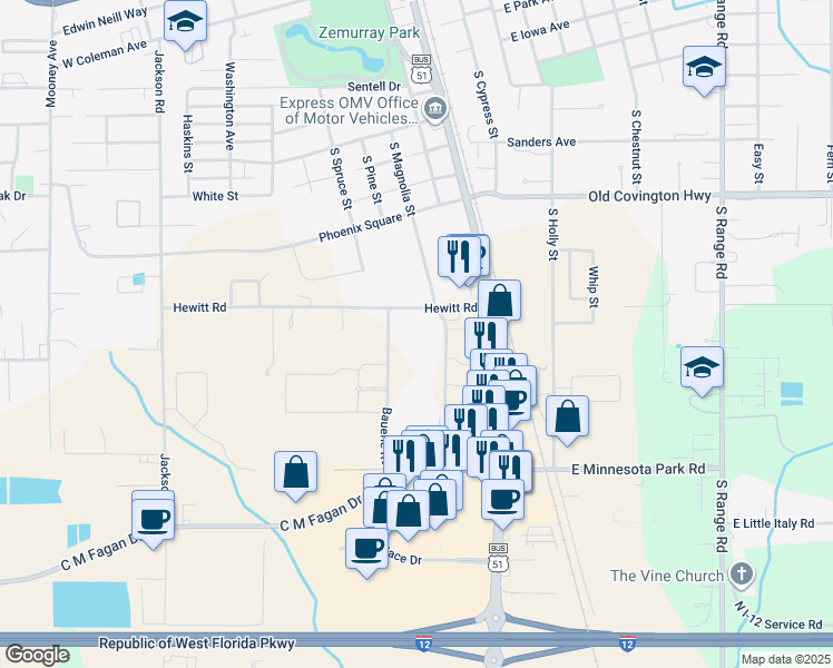 map of restaurants, bars, coffee shops, grocery stores, and more near 1342 South Magnolia Street in Hammond