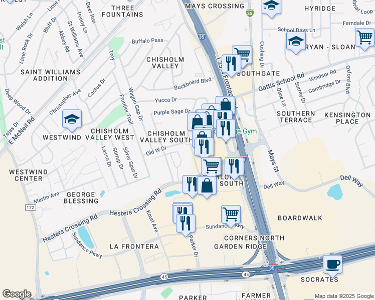 map of restaurants, bars, coffee shops, grocery stores, and more near 2102 Rawhide Drive in Round Rock