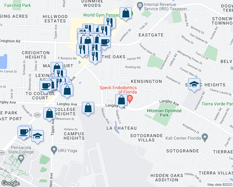 map of restaurants, bars, coffee shops, grocery stores, and more near 6400 Long Street in Pensacola