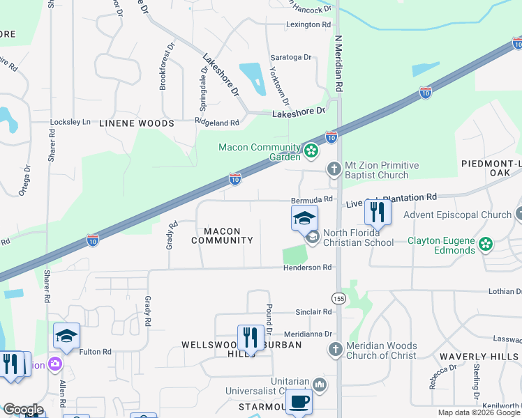 map of restaurants, bars, coffee shops, grocery stores, and more near 265 Bermuda Road in Tallahassee
