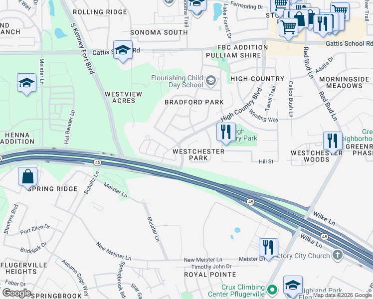 map of restaurants, bars, coffee shops, grocery stores, and more near 2705 Westhampton Court in Round Rock