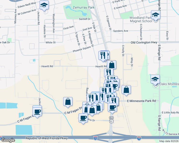 map of restaurants, bars, coffee shops, grocery stores, and more near 1342 South Magnolia Street in Hammond