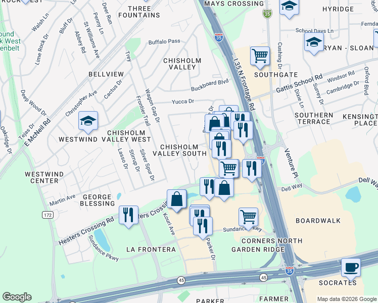 map of restaurants, bars, coffee shops, grocery stores, and more near 509 Old West Drive in Round Rock