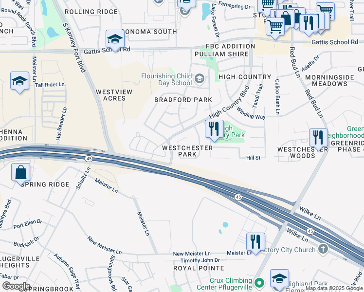 map of restaurants, bars, coffee shops, grocery stores, and more near 2705 Westhampton Court in Round Rock