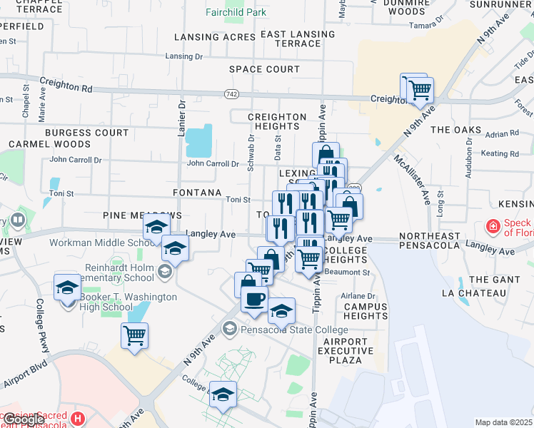 map of restaurants, bars, coffee shops, grocery stores, and more near 6360 Beauclair Drive in Pensacola