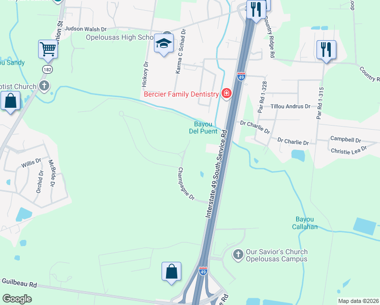 map of restaurants, bars, coffee shops, grocery stores, and more near 270 Champagne Drive in Opelousas