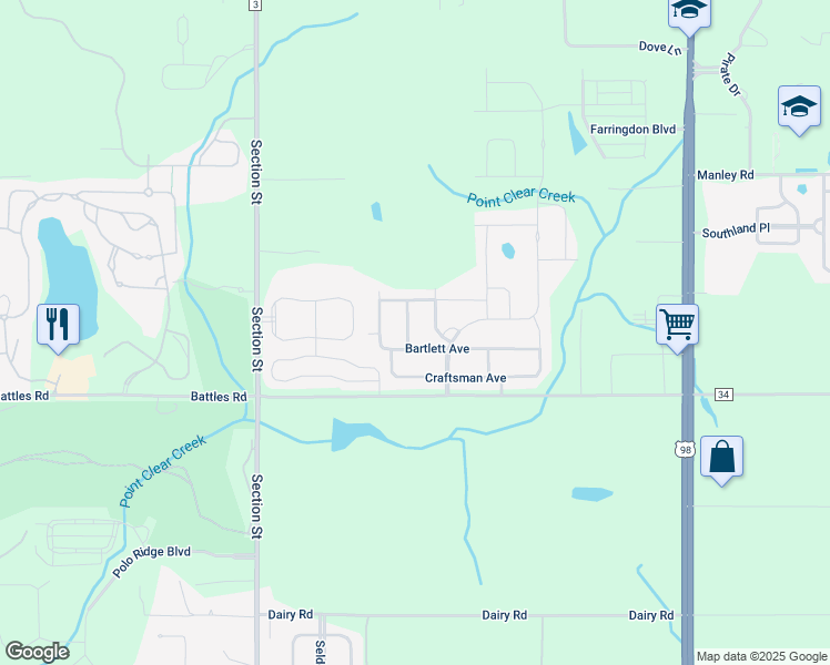 map of restaurants, bars, coffee shops, grocery stores, and more near 7001-7651 Old Battles Road in Fairhope