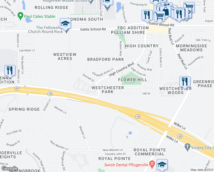 map of restaurants, bars, coffee shops, grocery stores, and more near 2706 Westhampton Court in Round Rock