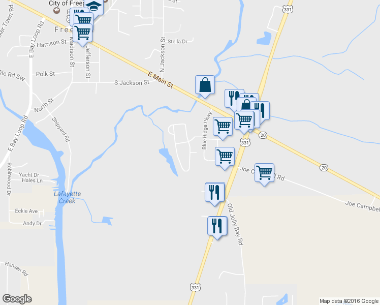 map of restaurants, bars, coffee shops, grocery stores, and more near Sandywoods Court in Freeport