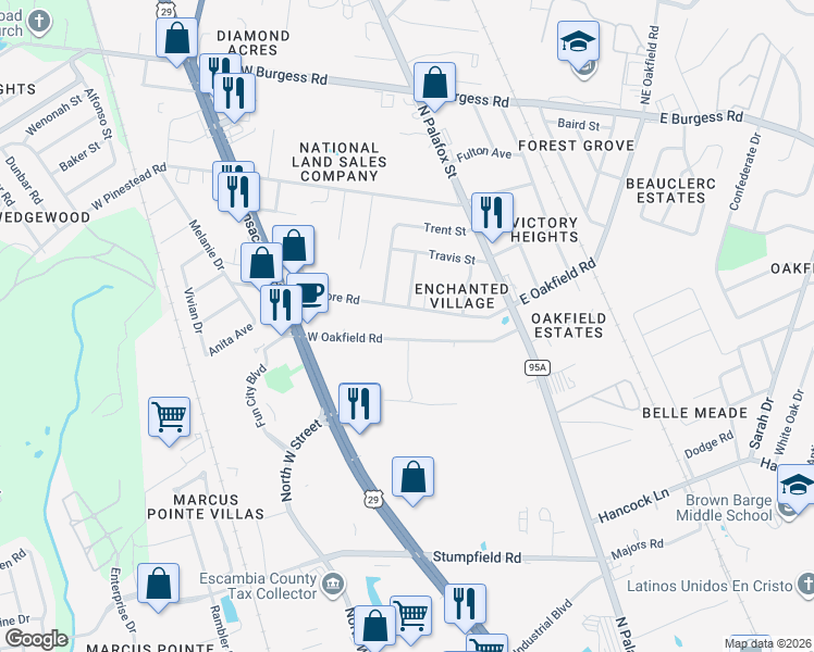 map of restaurants, bars, coffee shops, grocery stores, and more near 300 West Oakfield Road in Pensacola