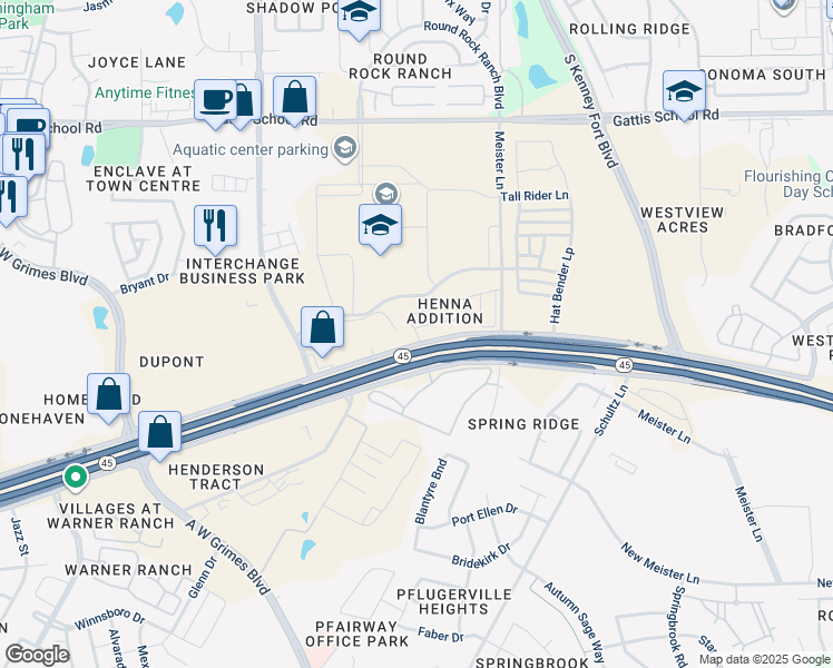 map of restaurants, bars, coffee shops, grocery stores, and more near 2500 Louis Henna Boulevard in Round Rock