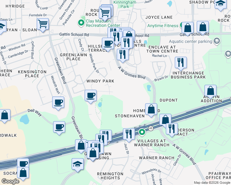 map of restaurants, bars, coffee shops, grocery stores, and more near 1713 Parkfield Cove in Round Rock