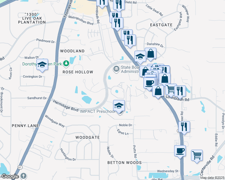 map of restaurants, bars, coffee shops, grocery stores, and more near 1767 Hermitage Boulevard in Tallahassee