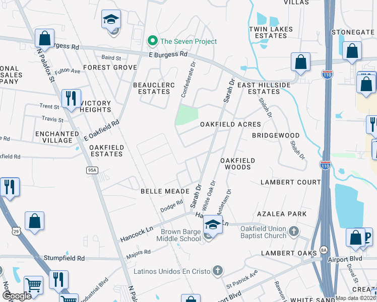 map of restaurants, bars, coffee shops, grocery stores, and more near 128 Royal Lane in Pensacola