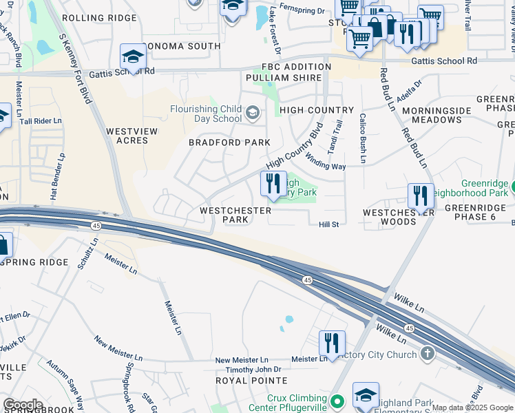 map of restaurants, bars, coffee shops, grocery stores, and more near 2821 Southampton Way in Round Rock