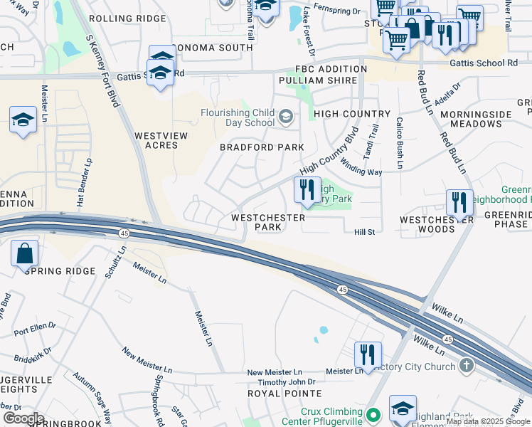 map of restaurants, bars, coffee shops, grocery stores, and more near 2705 Westhampton Court in Round Rock