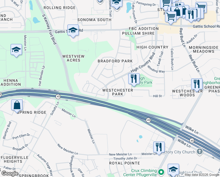 map of restaurants, bars, coffee shops, grocery stores, and more near 2705 Westhampton Court in Round Rock