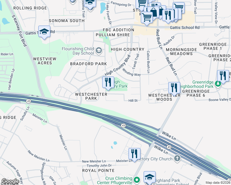 map of restaurants, bars, coffee shops, grocery stores, and more near 3019 Hill Street in Round Rock