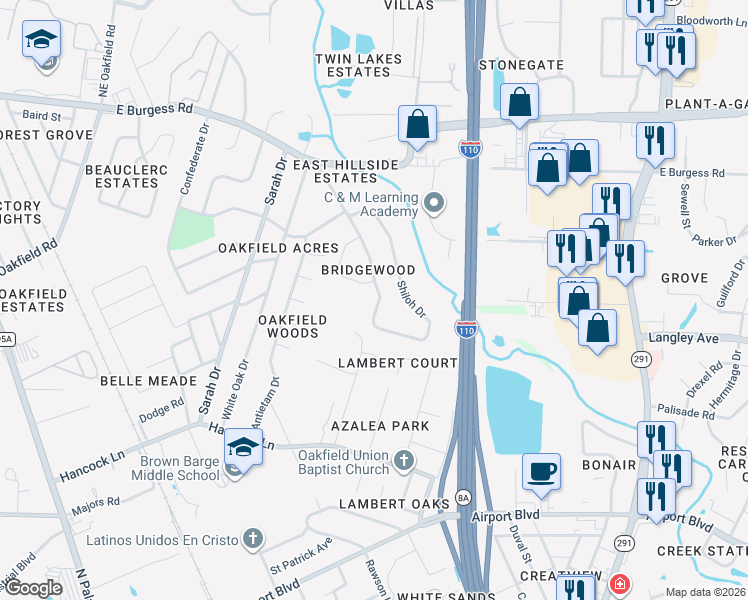 map of restaurants, bars, coffee shops, grocery stores, and more near 674 Shiloh Drive in Pensacola