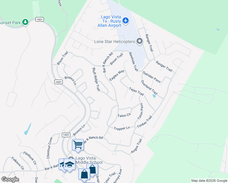 map of restaurants, bars, coffee shops, grocery stores, and more near 8603 Bluff Ridge Trail in Lago Vista