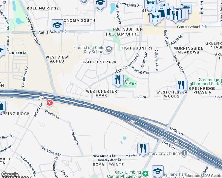 map of restaurants, bars, coffee shops, grocery stores, and more near 2817 Southampton Way in Round Rock
