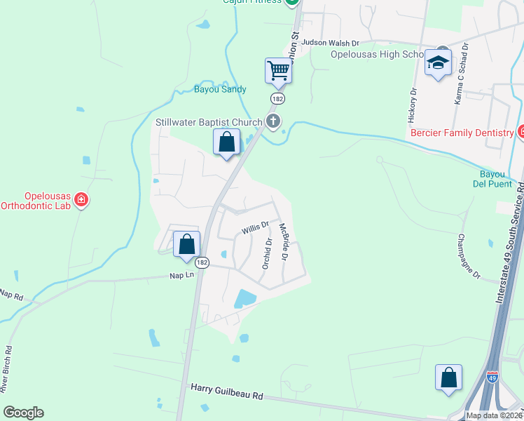 map of restaurants, bars, coffee shops, grocery stores, and more near 136-230 Willis Drive in Opelousas