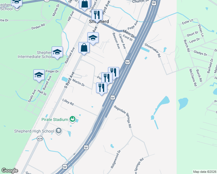 map of restaurants, bars, coffee shops, grocery stores, and more near 6280 U.S. 59 in Shepherd