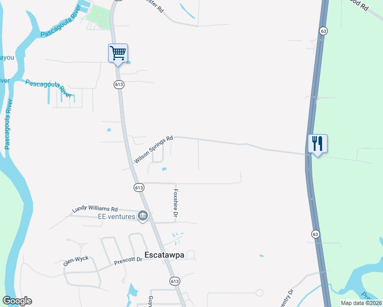 map of restaurants, bars, coffee shops, grocery stores, and more near 3800 Wilson Springs Road in Moss Point