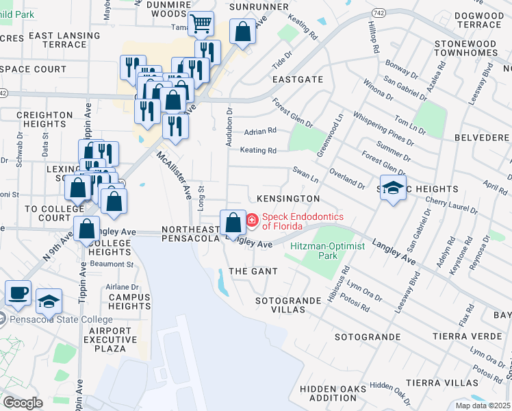 map of restaurants, bars, coffee shops, grocery stores, and more near 5704 Audubon Drive in Pensacola