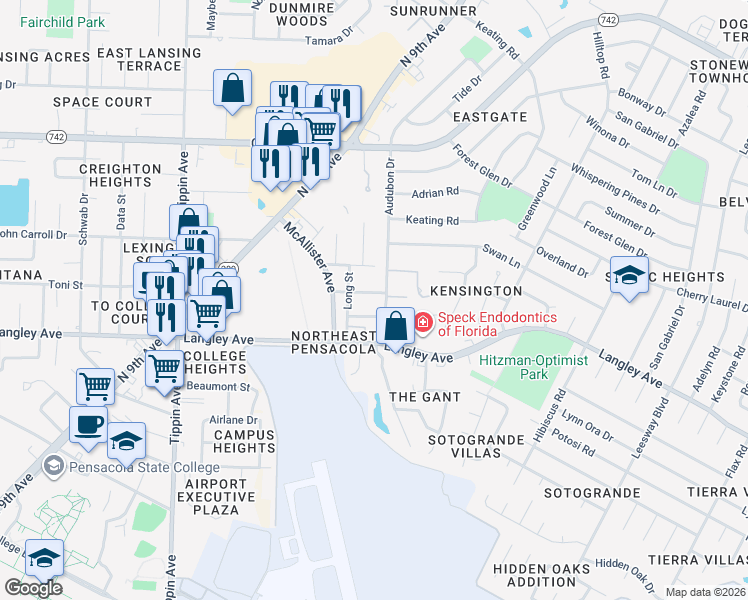 map of restaurants, bars, coffee shops, grocery stores, and more near 2810 Villager Circle in Pensacola