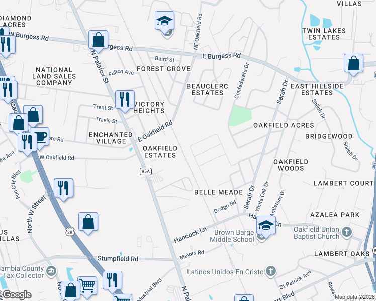 map of restaurants, bars, coffee shops, grocery stores, and more near 2 Monarch Lane in Pensacola