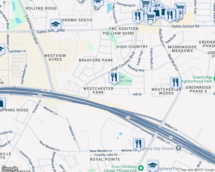 map of restaurants, bars, coffee shops, grocery stores, and more near 2821 Southampton Way in Round Rock