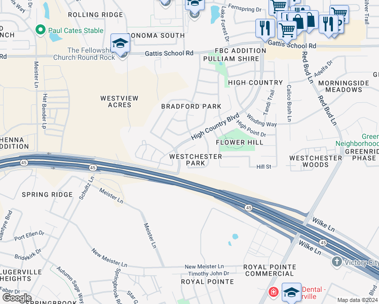 map of restaurants, bars, coffee shops, grocery stores, and more near 2705 Westhampton Court in Round Rock