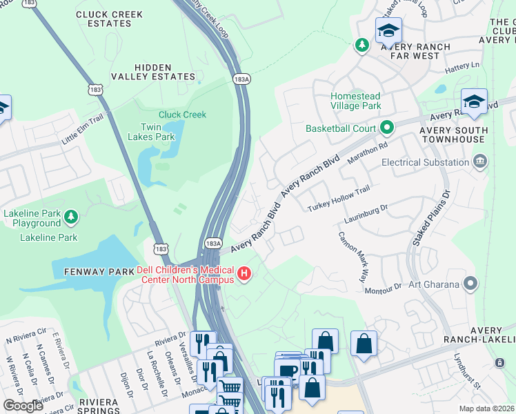 map of restaurants, bars, coffee shops, grocery stores, and more near 13100 Avery Ranch Boulevard in Austin