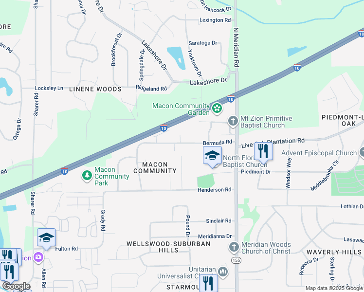 map of restaurants, bars, coffee shops, grocery stores, and more near 265 Bermuda Road in Tallahassee