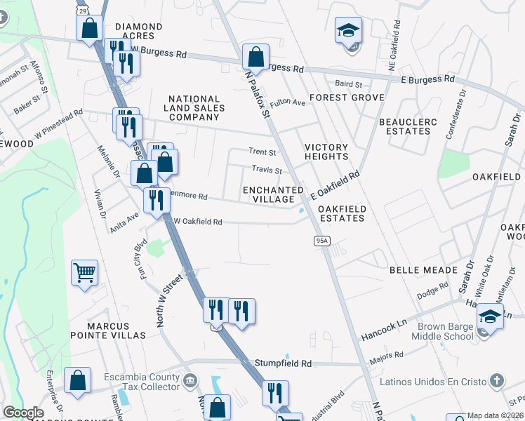 map of restaurants, bars, coffee shops, grocery stores, and more near 300-398 West Oakfield Road in Pensacola